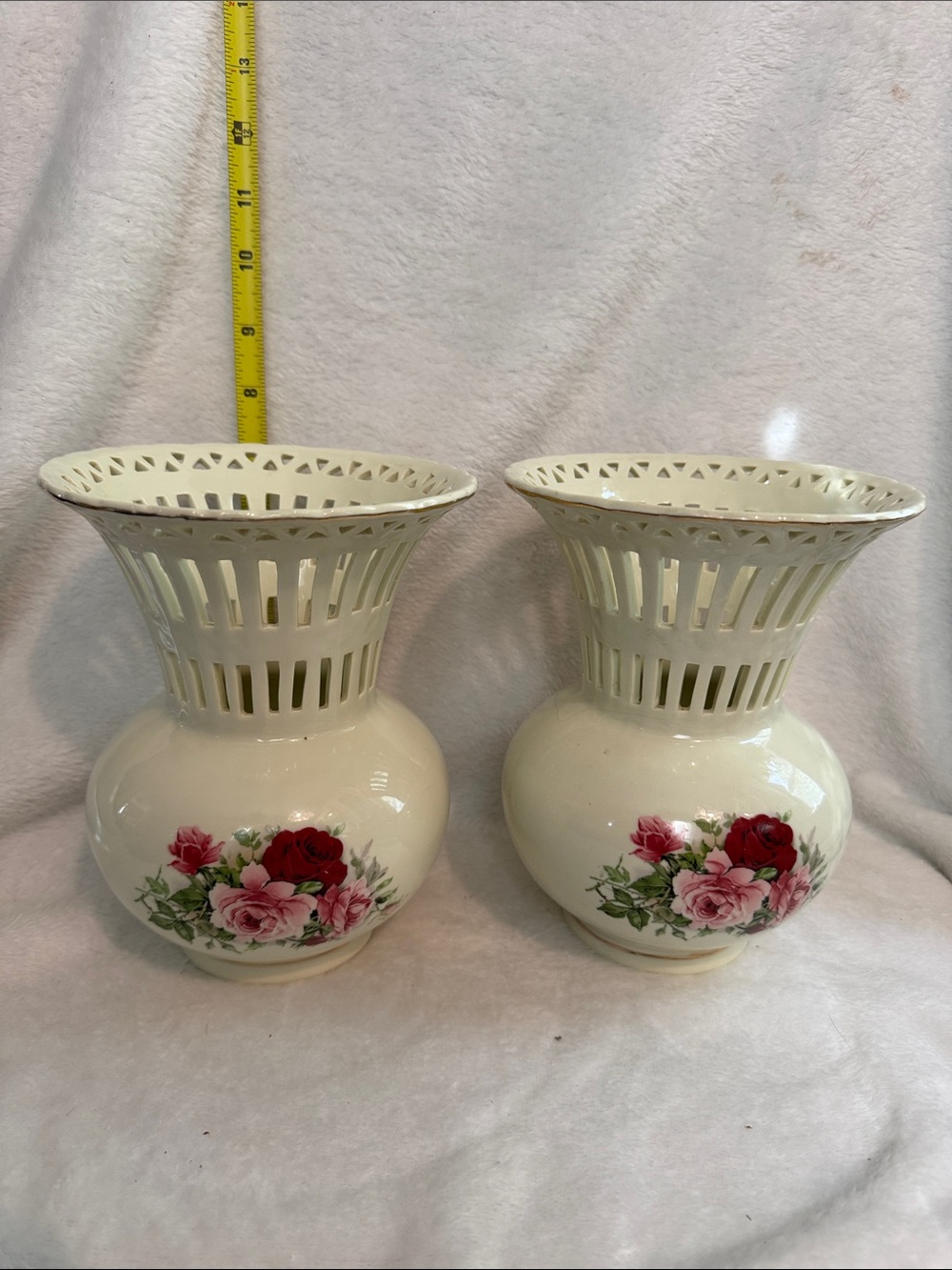 2 Vintage Formalities by Baum Bros Victorian Rose Porcelain Lattice Vases